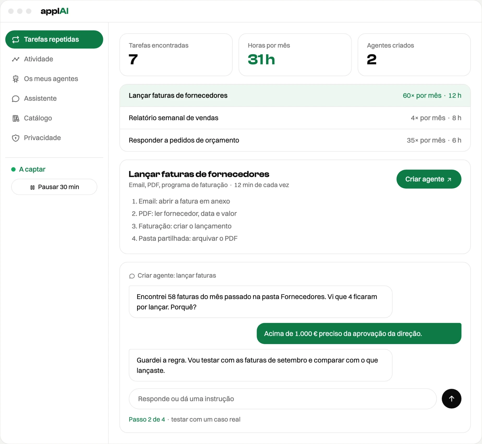 Exemplo do ecrã da aplicação que a applAI usa na implementação: sete tarefas repetidas encontradas, os passos de uma delas e a conversa em que o agente é criado